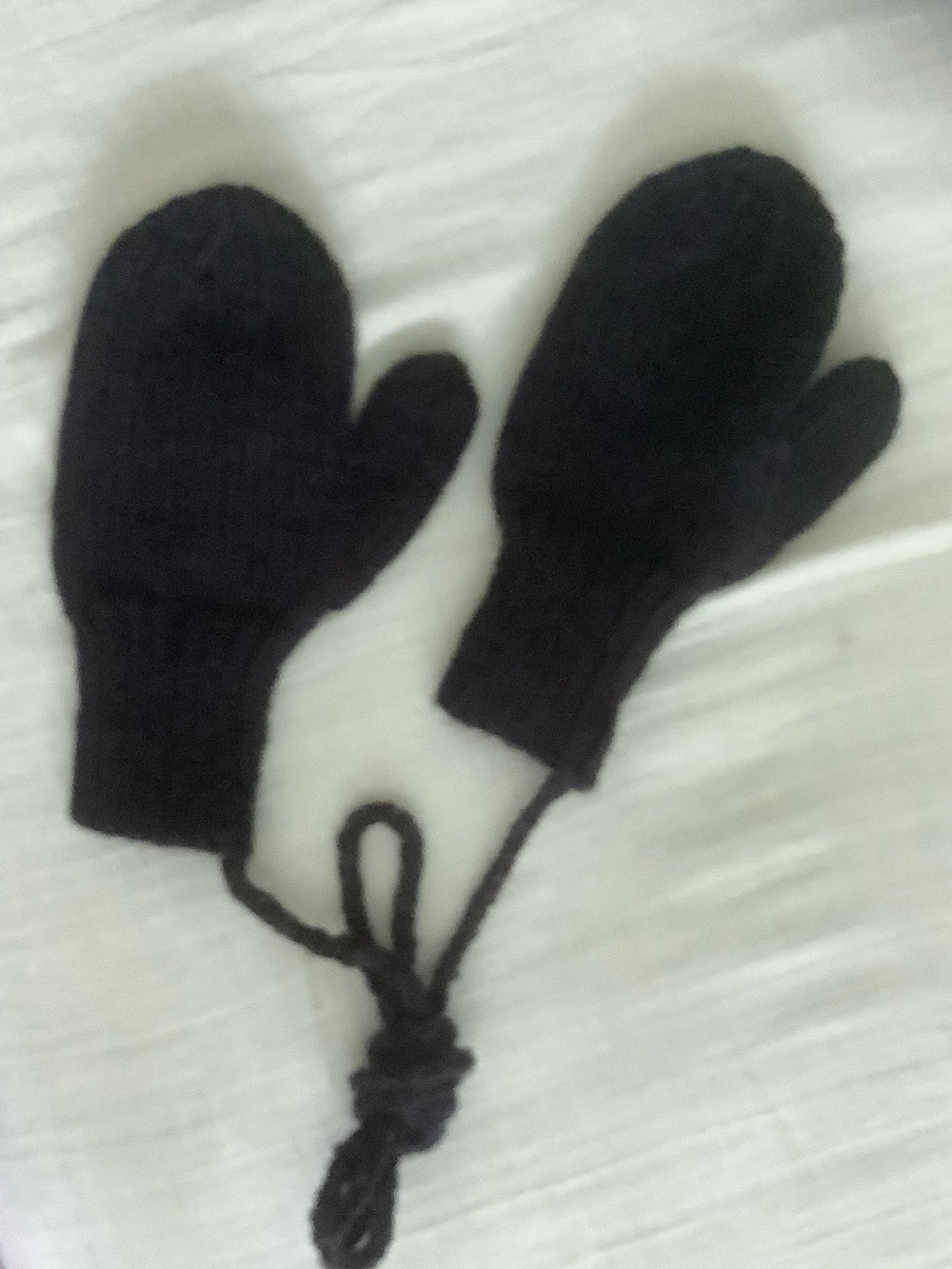 Kids Black Knit Mittens with Connecting Cord